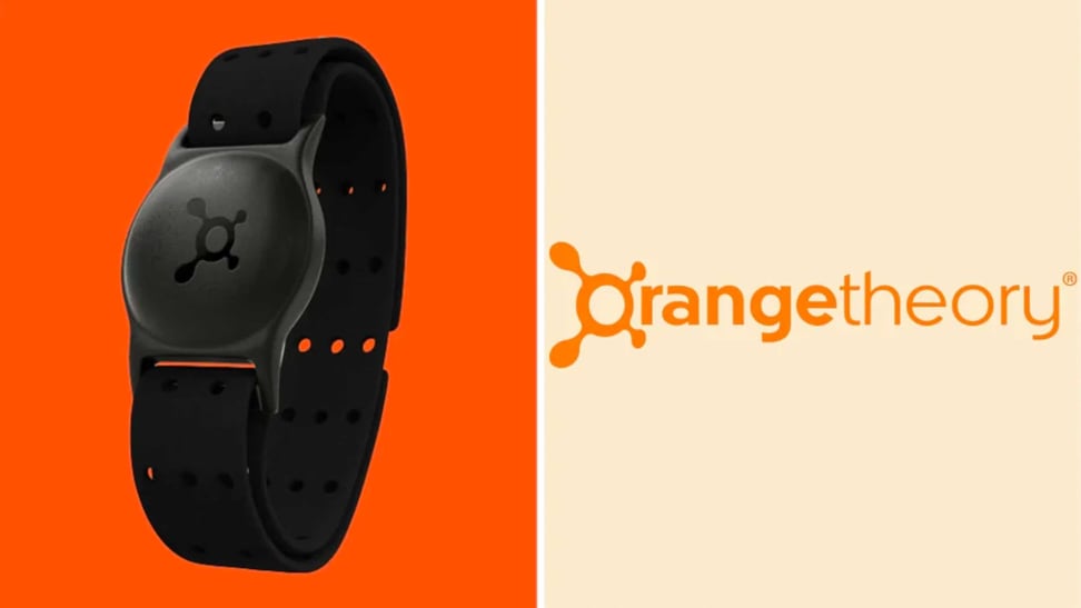 A collage with an Orangetheory heart rate monitor and the brand's logo