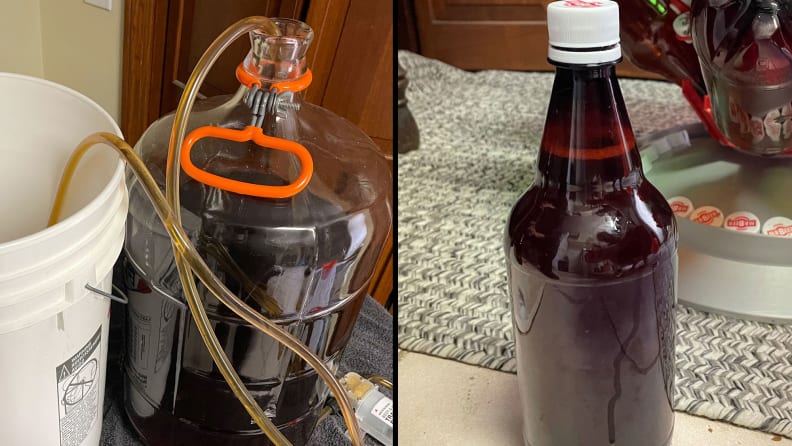 A fermentation bucket sits next to our vessel of wart, with a syphon connecting the two. The right half shows a reusable plastic beer bottle, filled and capped.