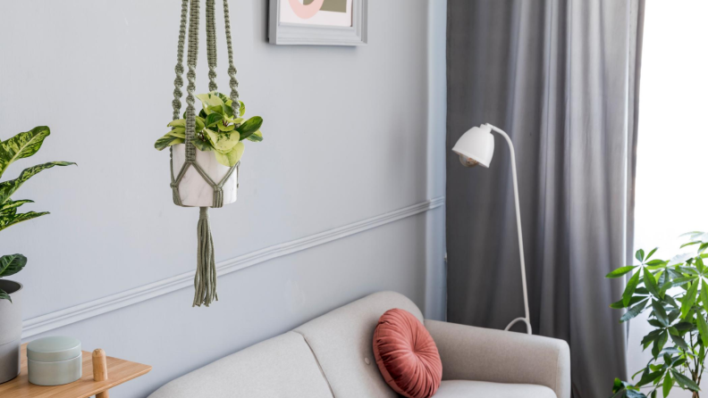 Boho living room with gray macramé indoor hanging plant