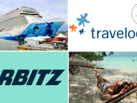 A colorful collage with a cruise ship, woman in a hammock, and business logos.