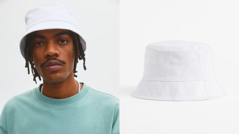 white bucket hat with short brim