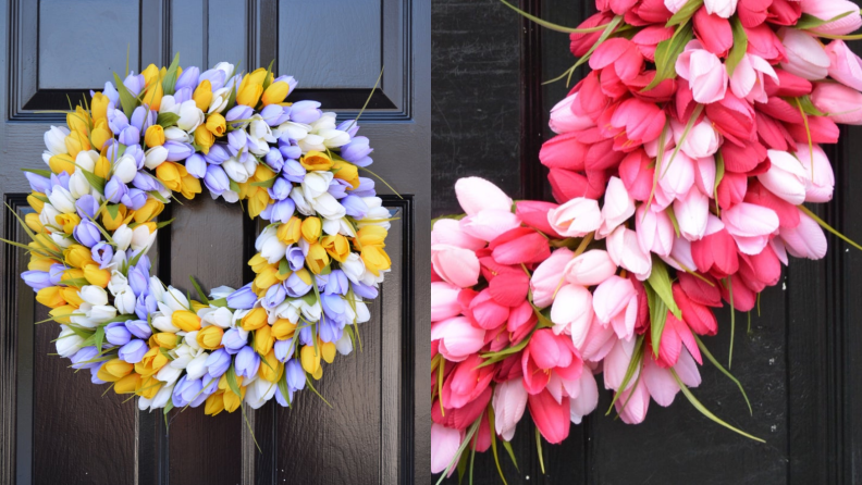 Tulip wreaths hanging on black doors