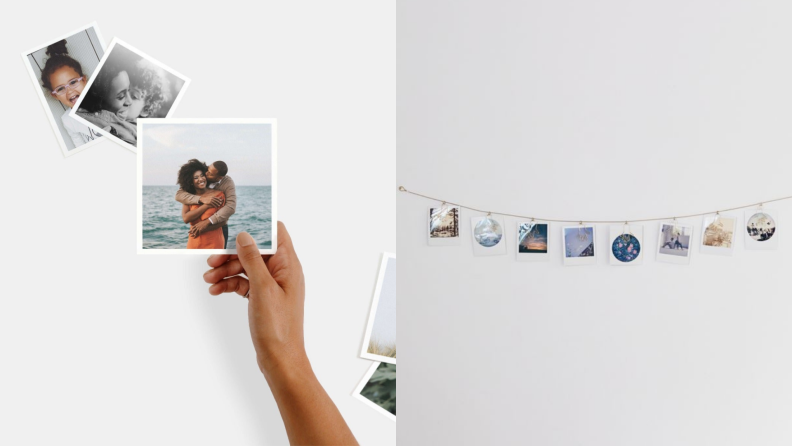 On the left, several small photo prints on a white background. On the right, a photo banner against a white wall.