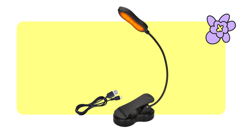An illuminated iGoober reading light next to a small power cord.