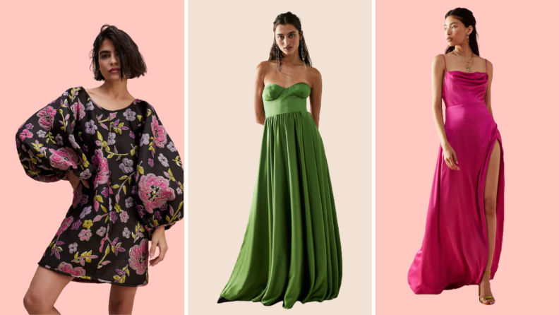 A printed mini dress, a green gown, and a pink gown with a high slit.