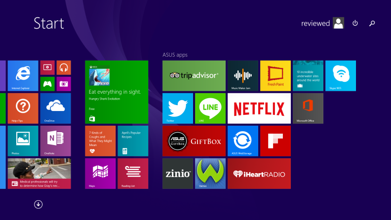 The UX305 start menu is loaded with a handful of pre-installed apps from Asus.