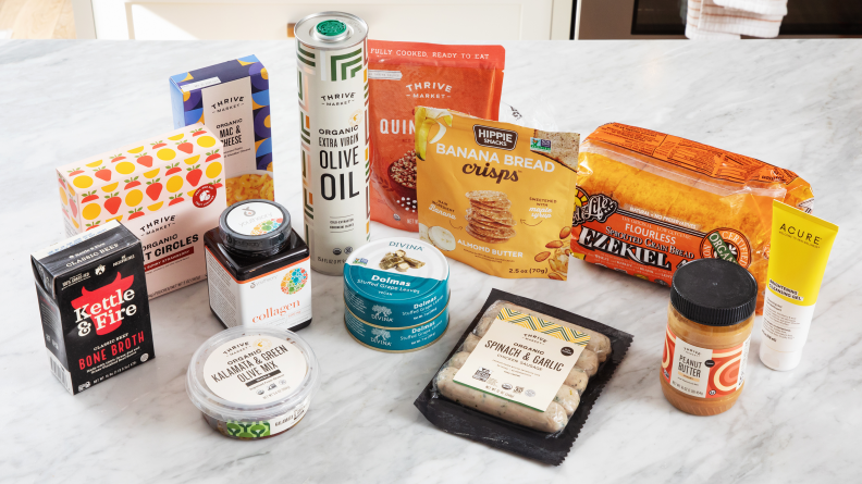 Several Thrive Market products laid on on marble counter
