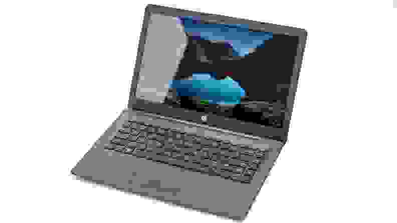 An open laptop, showing off its keyboard and display