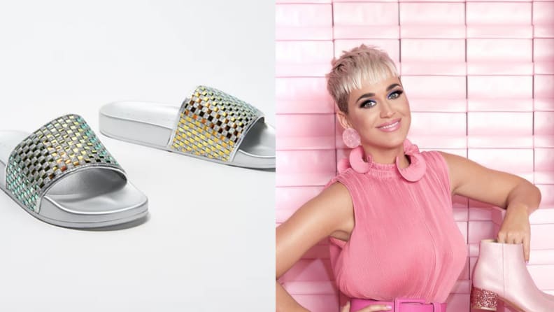 Left: Slide-on shoes on white background right: Katy Perry in pink dress