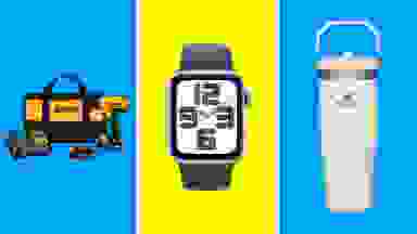 A collection of items on sale at Amazon displayed in front of different colored backgrounds.