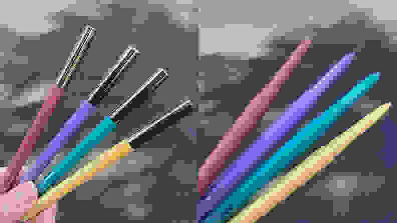 Two images of four multicolored eyeliner pencils.