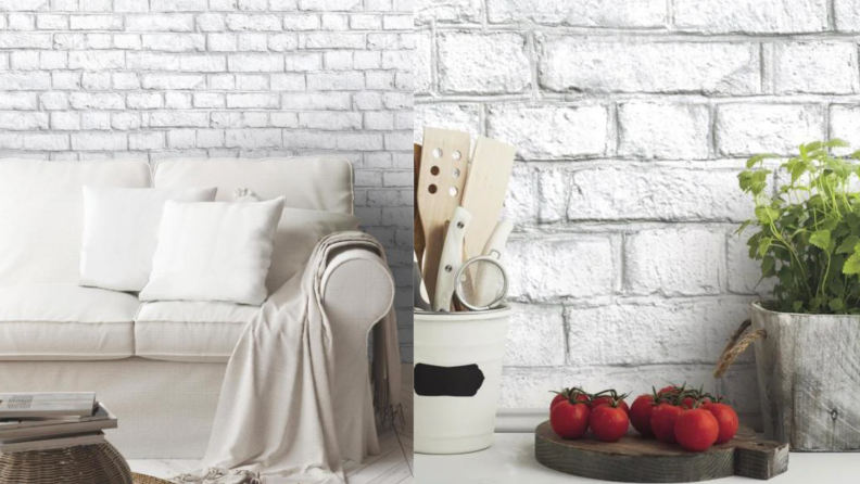 On the left, a couch against a white brick backdrop. On the right, a kitchen backsplash featuring white brick.