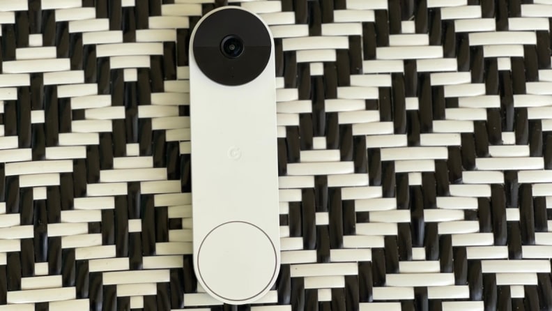 The Nest Doorbell against a patterned background