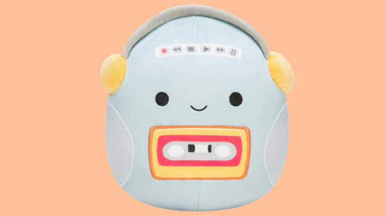 Product shot of Casja the Cassette Player plush Squishmallow toy.