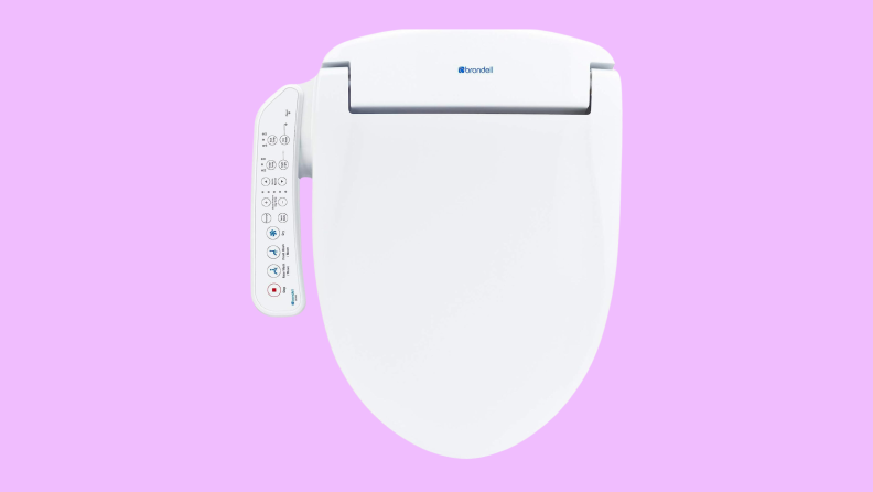 A bidet with its controller appears on a purple background.