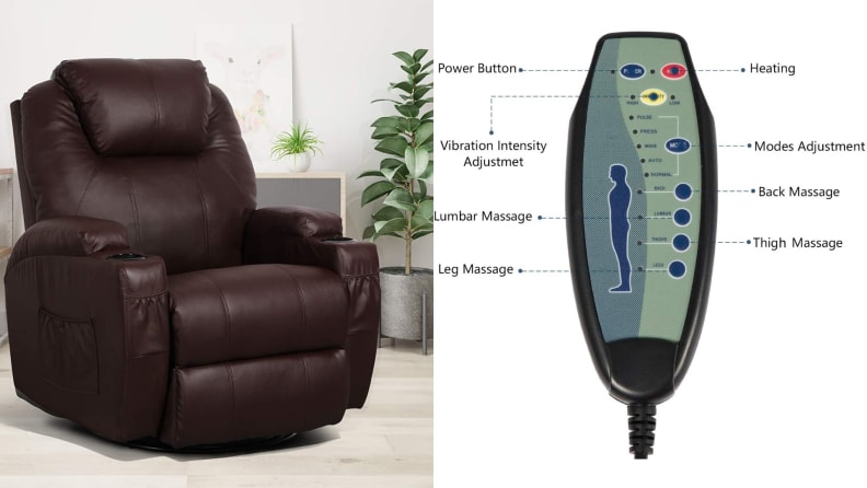 On left, brown leather chair sitting in living room setting. On right, massage remote with multiple buttons.