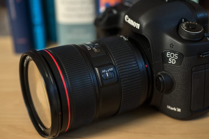 The 24-70mm f/2.8L II is a hefty lens, balancing best on Canon's professional full-frame bodies.