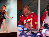 Images of Taylor Swift performing at the Eras tour, and also photographed at a Kansas City Chief's game alongside Donna Kelce.