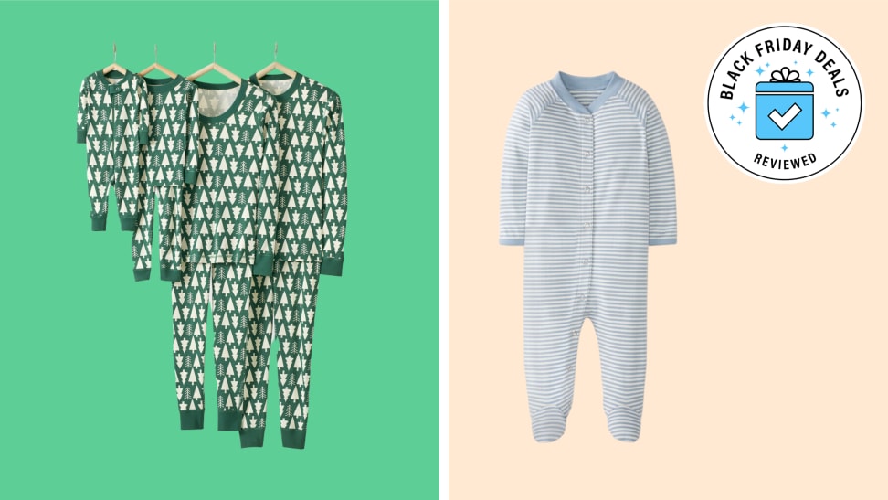 A side-by-side image of Hanna Andersson footie pajamas and holiday tree pajamas.