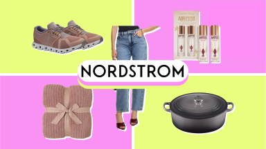Collage of sneakers, jeans, beauty products, a blanket, and cookware surrounding the Nordstrom logo, highlighting Nordstrom Anniversary Sale deals.