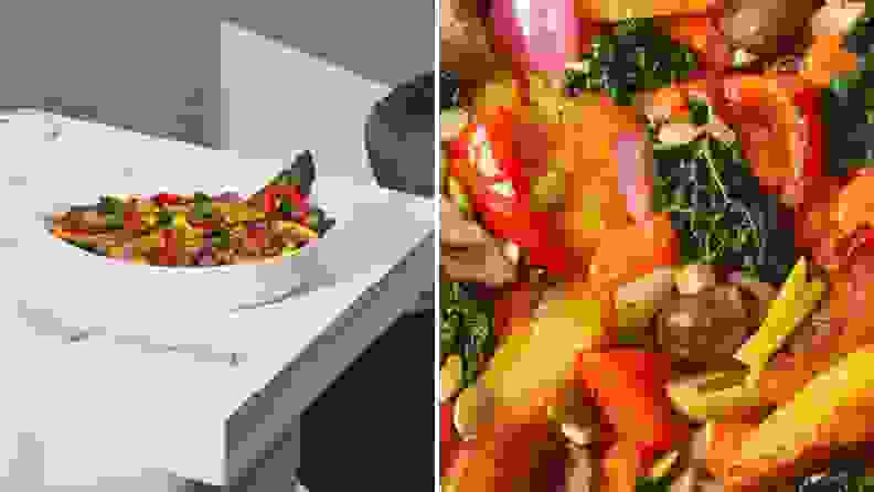 On left, Daily Harvest Ropa Vieja Harvest Bakes from afar on a table. On left, the dish close-up with all veggies visible.