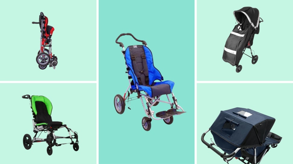 Photo collage of five strollers, including the Convaid Cruiser in red, Zippie Sphynx Stroller in green, Convaid Cruiser in blue, Thomashilfen Swifty 2 Lightweight Pediatric Stroller in black, and an overhead shot of the Baby Jogger Advance Mobility Freedom Stroller in black.
