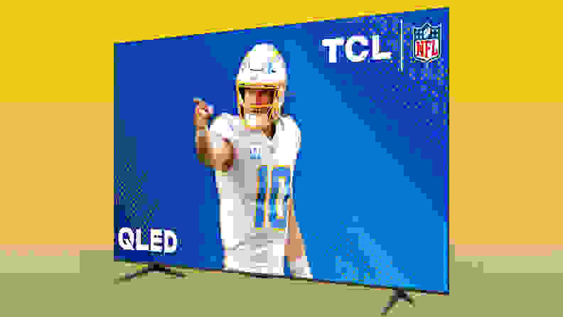 The TCL Q6-Pro LED TV displaying a professional football player in front of a plain, colorful background