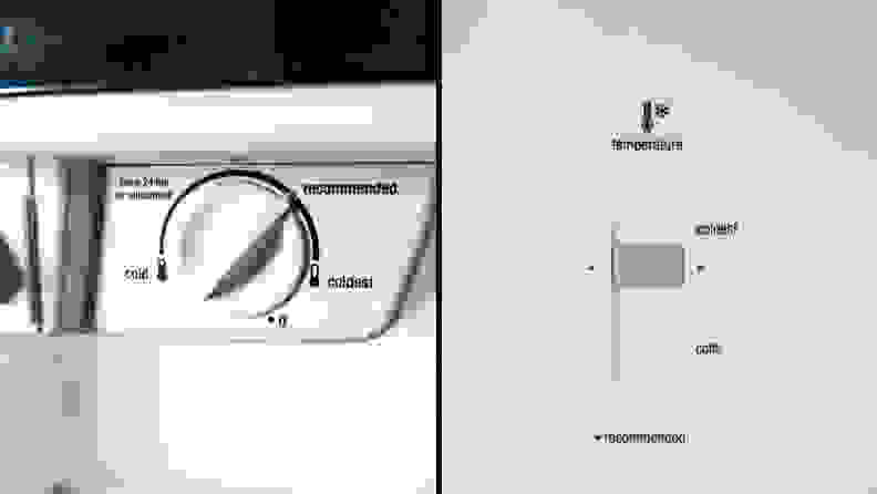 A side-by-side of the Frigidaire FFTR2021TS's refrigerator and freezer controls. The refrigerator control is a knob with the labels 