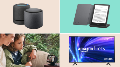 A collage of Amazon devices in front of colored backgrounds.
