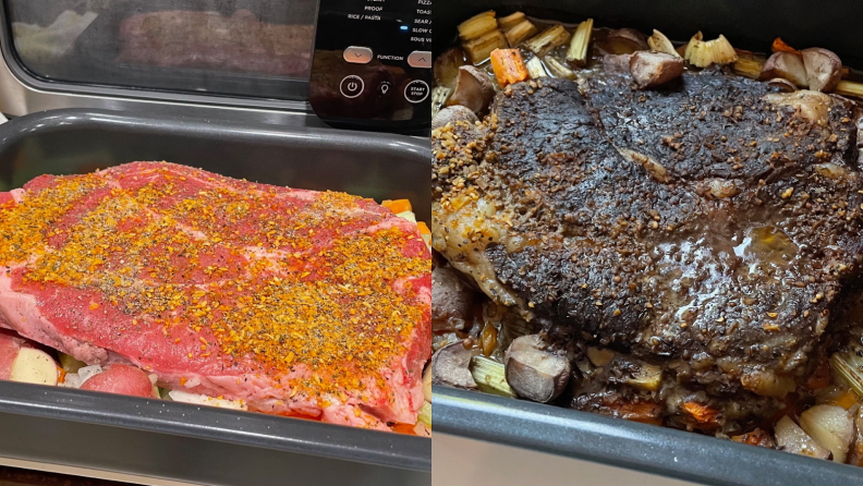 A photo collage of a raw pot roast and a cooked pot roast on top of diced vegetables inside of a nonstick pan.