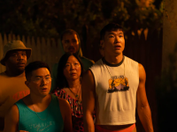 A still from 'Fire Island' featuring Joel Kim Booster, Bowen Yang, Margaret Cho, Matt Rogers, and Torian Miller staring into the middle distance.