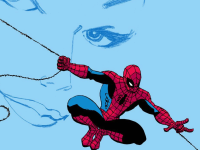 Spider-Man swings against a blue backdrop, along with the ghostlike face of Gwen Stacy.