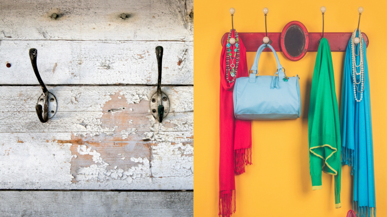 Whether you use bold colors, a painted or tiled mural, or distressed wood, having a busy background behind hooks helps hide easily acquired scuffs from jackets, hats, and bags.