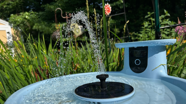 Close up of the fountain on A Birdfy Bath Pro stands in a garden