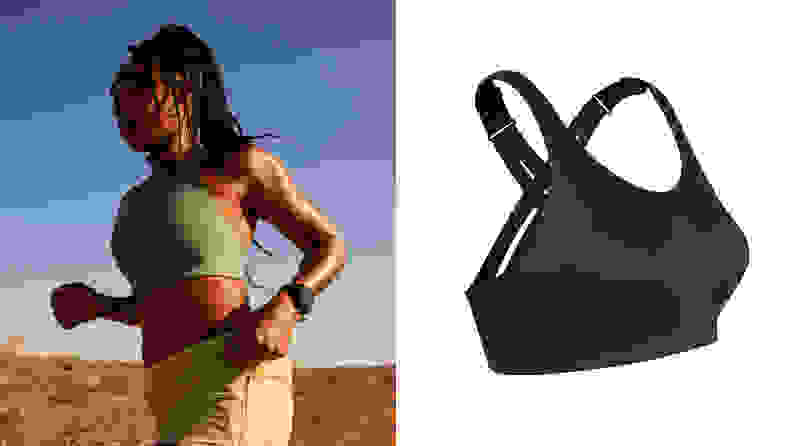 lefT: woman running in teal lululemon airsupport running bra. right: black airsupport running bra on white background.