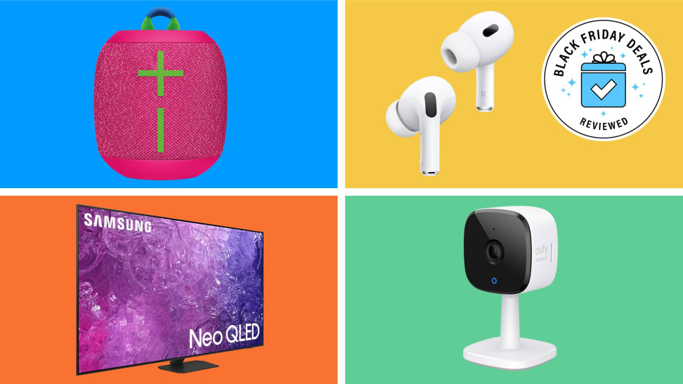 Four technology devices with the Black Friday Deals Reviewed badge in front of colored backgrounds.