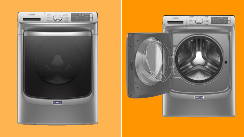 Product shot of the Maytag MHW8630HC washer with door open and shut.