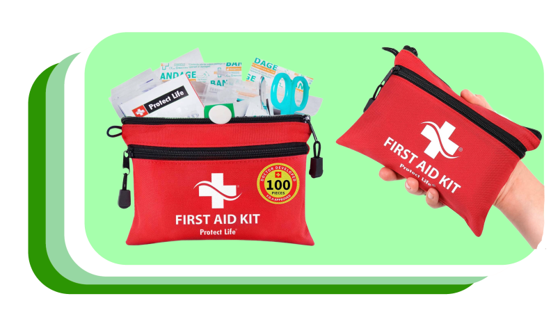 Hand holding zipped first aid pouch next to first aid pouch with essentials inside.