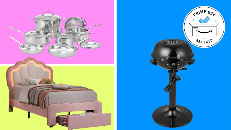 Set of stainless steel cookware, kid's bed, and electric barbecue on a pink, yellow, and blue background