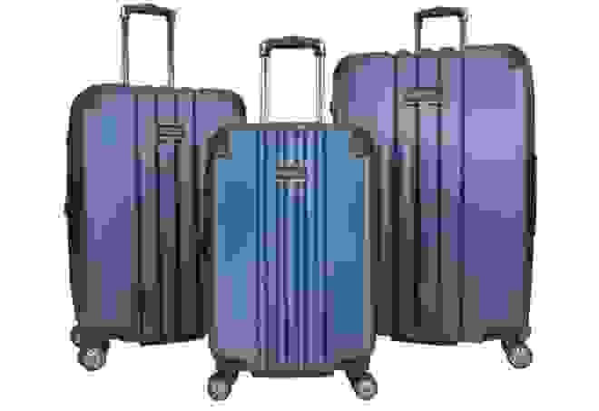 Three Kenneth Cole suitcases on a white background.