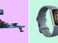 A colorful collage with a rowing machine and a fitness smartwatch.