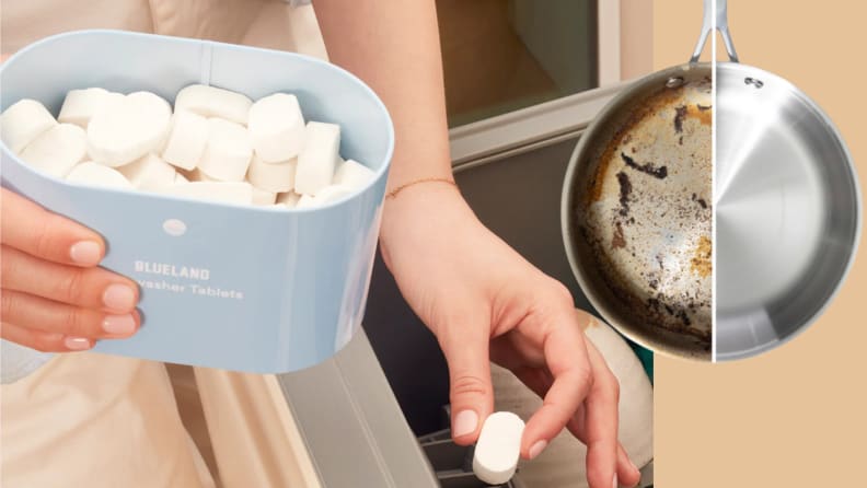 Left: Lady holding a Blueland tin can and dishwasher tablet; Right: a steel pan where left half is greased and right half is cleaned