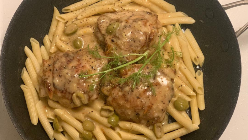 Chicken and pasta cooked on a Circulon pan.