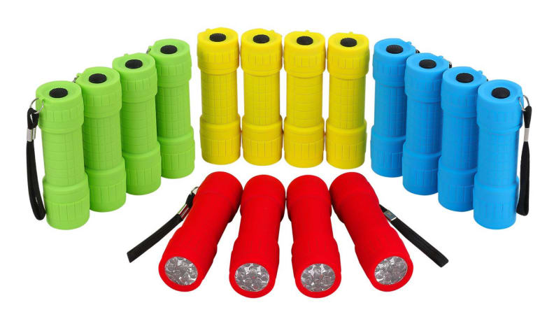 Mini flashlights in four different colors: red, yellow, green, and blue
