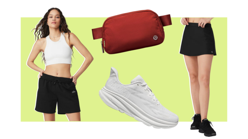 A white bra top, white sneakers, a red fanny pack, and black shorts.