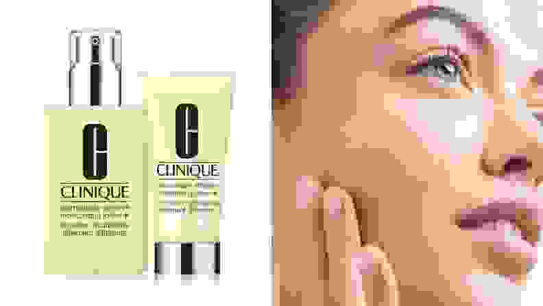On left, product shot of the yellow Clinique Dramatically Different Moisturizing Lotion+. On right, woman using hands to rub moisturizer into cheek.