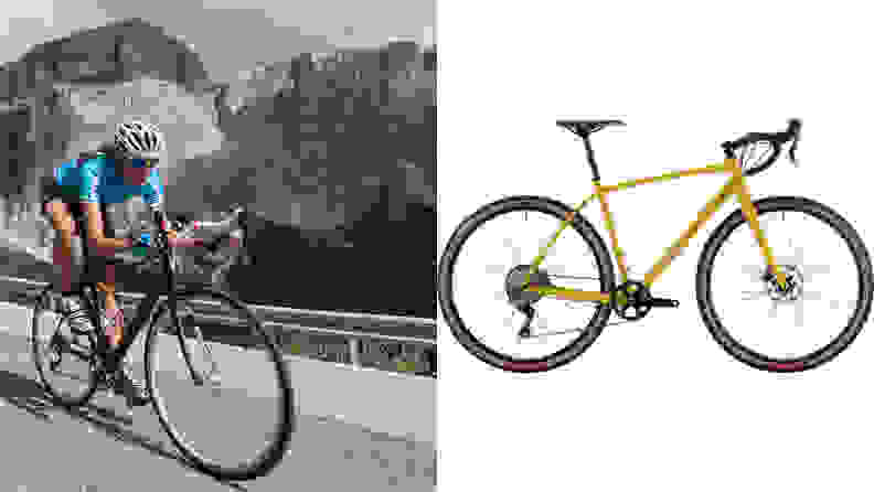 One person biking on a road and an image of a yellow road bike.