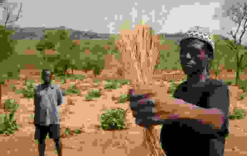 A West African villager holding a bushel of fonio.