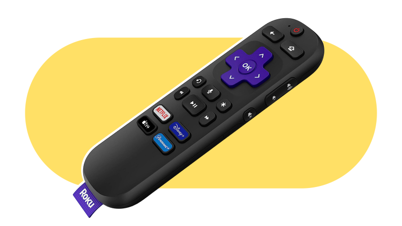 Black Roku Voice Remote with purple buttons on front.