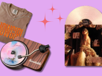 Showgirl t-shirt, vinyl air freshener and Taylor Swift album on a purple background